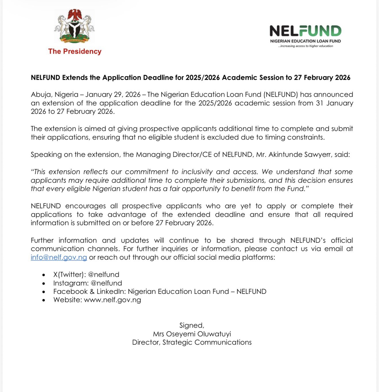 NELFUND Deadline Extension Notice